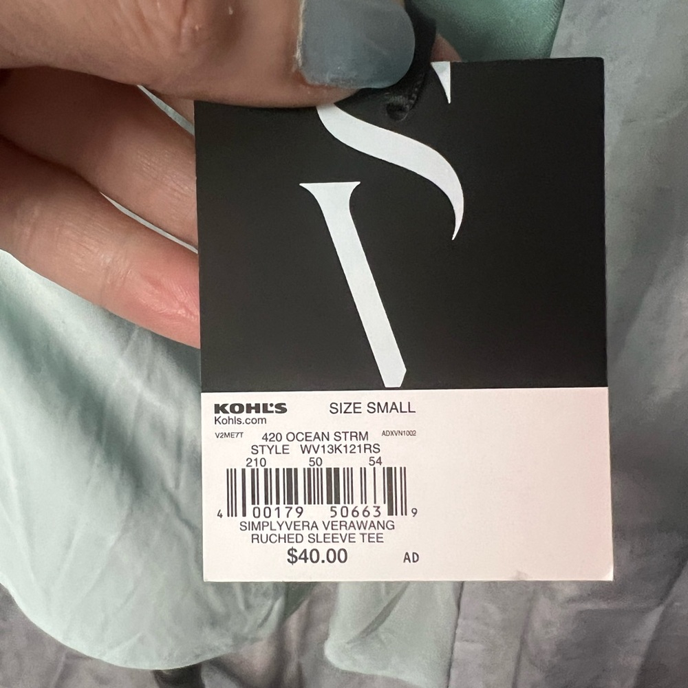 NWT Simply Vera Vera Wang Ruched Sleeve Tee in Ocean Stream. - size Small - Picture 7 of 10